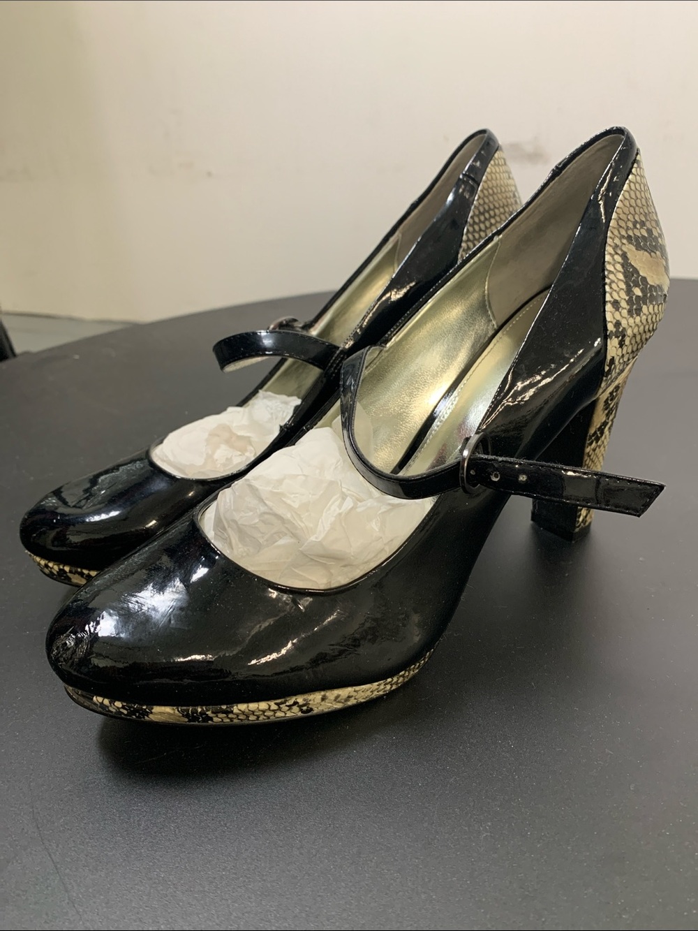 Alfani Black Patent Mary Jane Pumps with Snake-Print Accents